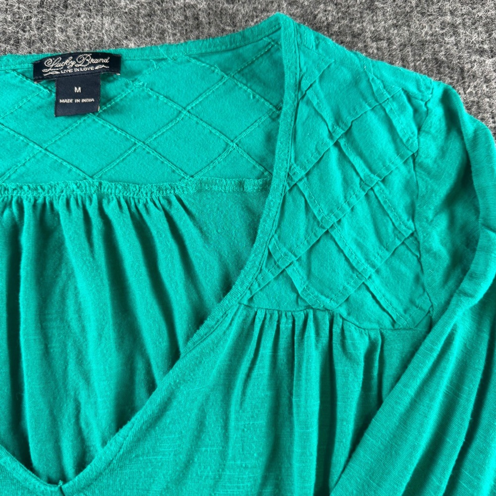 Lucky Brand Womens Teal Green V-Neck Long Sleeve Lattice Pintuck Top Size M - Picture 3 of 7